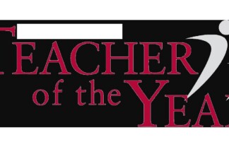 Logo for 'Teacher of the Year' award with red serif text on a black background, including abstract figure and a star.