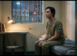 Woman in an olive prison uniform sits on a bed in a bare cell, lit by a desk lamp with a few books on the desk and a barred window behind her.