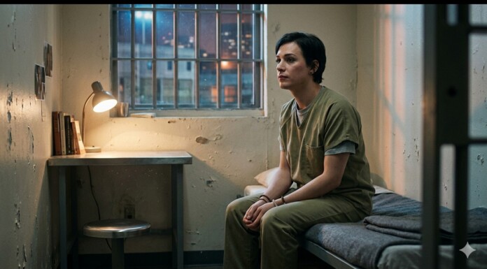 Oregon Officials To Pay $295k To A Trans Woman Who Alleged Abuse While Housed In A Men’s Prison Woman in an olive prison uniform sits on a bed in a bare cell, lit by a desk lamp with a few books on the desk and a barred window behind her.