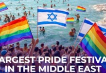 Crowded beach Pride festival with rainbow and Israeli flags; banner reads 'Largest Pride Festival in the Middle East'.