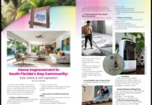 Magazine spread about home improvement in South Florida's gay community, featuring a bright living room photo and article text on the pages.