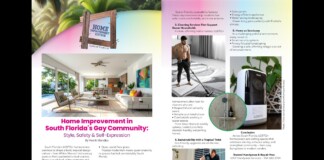 Magazine spread about home improvement in South Florida's gay community, featuring a bright living room photo and article text on the pages.