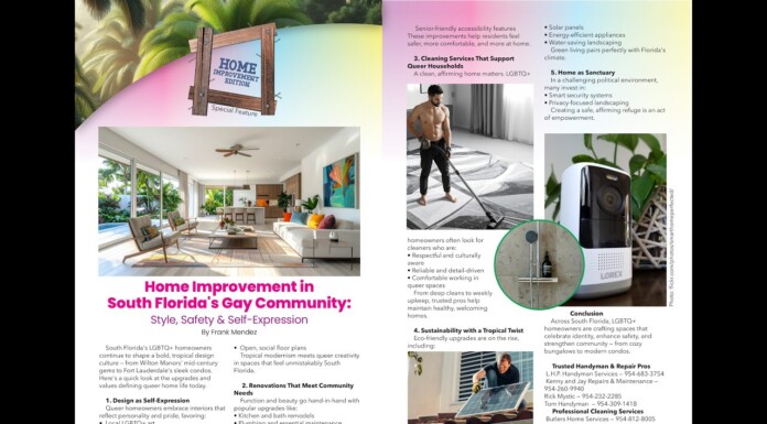 Hotspots Magazine Takes You Inside Bold LGBTQ Home Trends in South Florida Magazine spread about home improvement in South Florida's gay community, featuring a bright living room photo and article text on the pages.