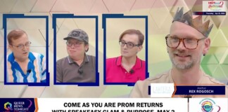 Television panel scene with four guests in blue-framed boxes on the left and a crowned host Rex Rogosh on the right; lower banner promotes an event related to 'Queer News Tonight' and Pride.