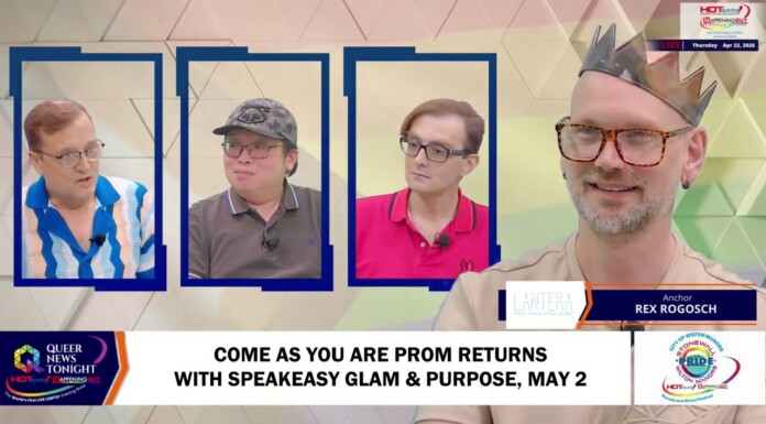 Come As You Are Prom Returns with Speakeasy Glam & Purpose, May 2 Television panel scene with four guests in blue-framed boxes on the left and a crowned host Rex Rogosh on the right; lower banner promotes an event related to 'Queer News Tonight' and Pride.