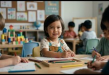 Center child smiles while drawing at a classroom table with colored pencils; other kids work in the background.