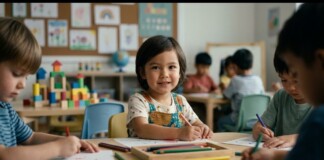 Center child smiles while drawing at a classroom table with colored pencils; other kids work in the background.