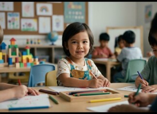 Center child smiles while drawing at a classroom table with colored pencils; other kids work in the background.