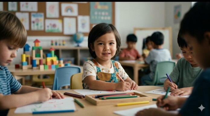 Center child smiles while drawing at a classroom table with colored pencils; other kids work in the background.