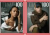 Two TIME 100 covers side by side: Zoe Saldana on the left, and Luke Combs on the right, each framed with a red border and dark gray backgrounds.