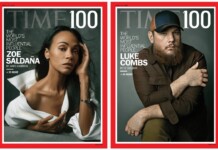 Two TIME 100 covers side by side: Zoe Saldana on the left, and Luke Combs on the right, each framed with a red border and dark gray backgrounds.