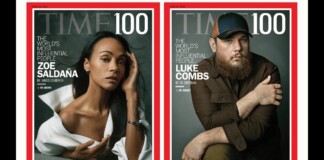 Two TIME 100 covers side by side: Zoe Saldana on the left, and Luke Combs on the right, each framed with a red border and dark gray backgrounds.