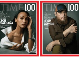 Two TIME 100 covers side by side: Zoe Saldana on the left, and Luke Combs on the right, each framed with a red border and dark gray backgrounds.