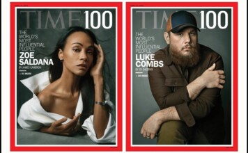 Two TIME 100 covers side by side: Zoe Saldana on the left, and Luke Combs on the right, each framed with a red border and dark gray backgrounds.