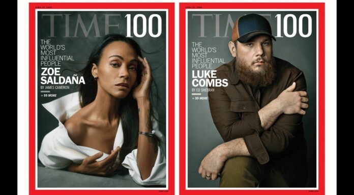 Two TIME 100 covers side by side: Zoe Saldana on the left, and Luke Combs on the right, each framed with a red border and dark gray backgrounds.