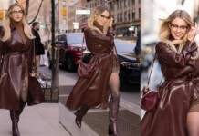 Woman in a brown leather trench coat and knee-high boots walking on a city sidewalk with a burgundy handbag in a collage-style street shot.