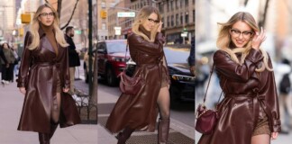 Woman in a brown leather trench coat and knee-high boots walking on a city sidewalk with a burgundy handbag in a collage-style street shot.