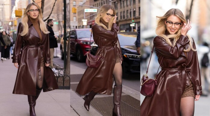 Woman in a brown leather trench coat and knee-high boots walking on a city sidewalk with a burgundy handbag in a collage-style street shot.