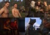 Collage of four scenes from a medieval fantasy game: top-left two shirtless men outdoors, top-right a hooded figure talking with two men, bottom-left two men in a dim tavern, bottom-right armored knights clasping hands in a duel or handshake.