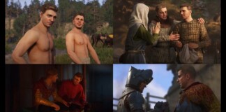 Collage of four scenes from a medieval fantasy game: top-left two shirtless men outdoors, top-right a hooded figure talking with two men, bottom-left two men in a dim tavern, bottom-right armored knights clasping hands in a duel or handshake.