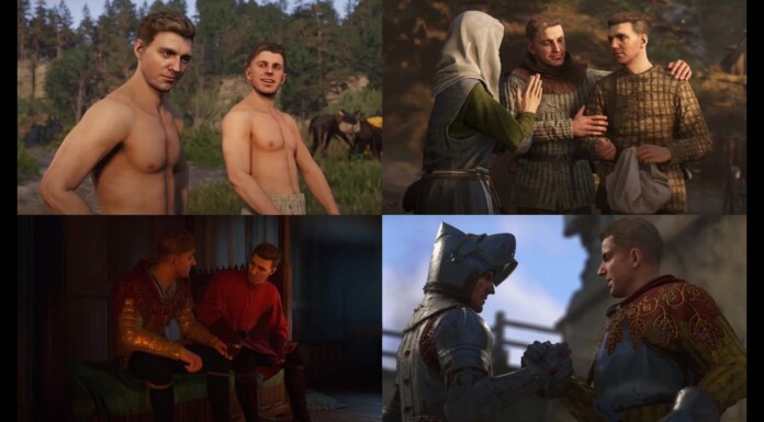 Collage of four scenes from a medieval fantasy game: top-left two shirtless men outdoors, top-right a hooded figure talking with two men, bottom-left two men in a dim tavern, bottom-right armored knights clasping hands in a duel or handshake.