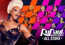 Promo banner for RuPaul's Drag Race All Stars showing RuPaul in a metallic outfit on the left with a colorful mosaic of drag queens on the right.