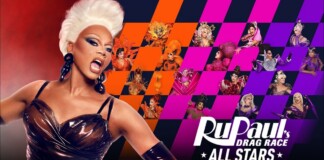 Promo banner for RuPaul's Drag Race All Stars showing RuPaul in a metallic outfit on the left with a colorful mosaic of drag queens on the right.