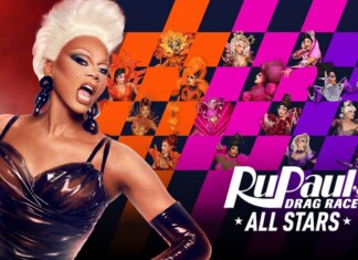 Promo banner for RuPaul's Drag Race All Stars showing RuPaul in a metallic outfit on the left with a colorful mosaic of drag queens on the right.