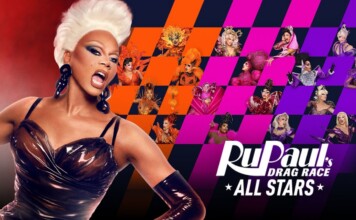 Promo banner for RuPaul's Drag Race All Stars showing RuPaul in a metallic outfit on the left with a colorful mosaic of drag queens on the right.