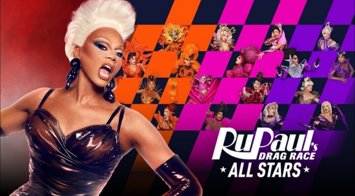 Promo banner for RuPaul's Drag Race All Stars showing RuPaul in a metallic outfit on the left with a colorful mosaic of drag queens on the right.