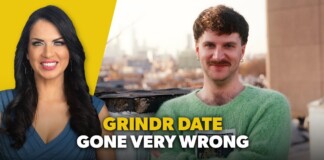 Thumbnail with a smiling woman on the left and a man in a green sweater on the right, overlaid text reads 'GRINDR DATE GONE VERY WRONG'.