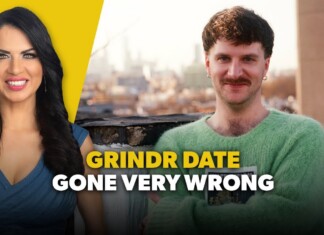 Thumbnail with a smiling woman on the left and a man in a green sweater on the right, overlaid text reads 'GRINDR DATE GONE VERY WRONG'.