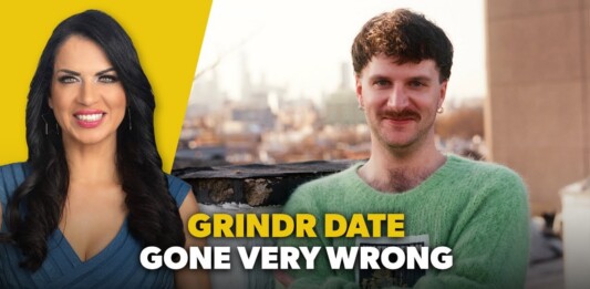 Thumbnail with a smiling woman on the left and a man in a green sweater on the right, overlaid text reads 'GRINDR DATE GONE VERY WRONG'.