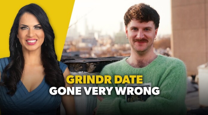 Grindr Date Gone Very Wrong Thumbnail with a smiling woman on the left and a man in a green sweater on the right, overlaid text reads 'GRINDR DATE GONE VERY WRONG'.