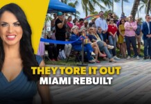 Smiling woman on a bright yellow background beside a crowd at a ribbon-cutting event with the caption 'They Tore It Out, Miami Rebuilt' on screen.
