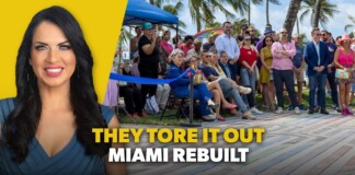Smiling woman on a bright yellow background beside a crowd at a ribbon-cutting event with the caption 'They Tore It Out, Miami Rebuilt' on screen.