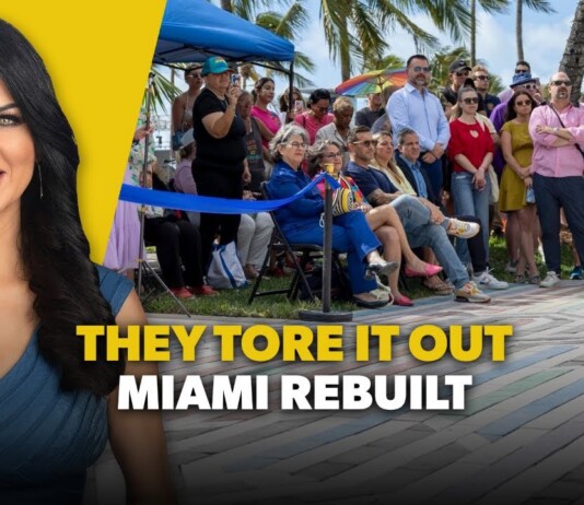 Smiling woman on a bright yellow background beside a crowd at a ribbon-cutting event with the caption 'They Tore It Out, Miami Rebuilt' on screen.