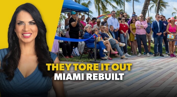 They Tore It Out, Miami Rebuilt Smiling woman on a bright yellow background beside a crowd at a ribbon-cutting event with the caption 'They Tore It Out, Miami Rebuilt' on screen.