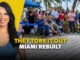 Smiling woman on a bright yellow background beside a crowd at a ribbon-cutting event with the caption 'They Tore It Out, Miami Rebuilt' on screen.