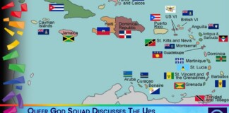 Caribbean map with country flags marking territories and a blue banner reading 'Queer God Squad Discusses The Ups and Downs of Gay Rights in the Caribbean'
