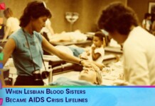 Video thumbnail: nurse tends patient in a clinic; title reads 'When Lesbian Blood Sisters Became AIDS Crisis Lifelines', rainbow border on the left.