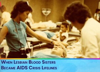 Video thumbnail: nurse tends patient in a clinic; title reads 'When Lesbian Blood Sisters Became AIDS Crisis Lifelines', rainbow border on the left.