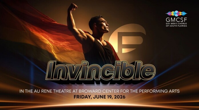 Promotional poster for 'Invincible' by GMCSF; muscular man raises a rainbow flag with a warm light behind, event date June 19, 2026.