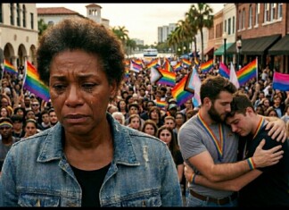 A tearful Black woman in a denim jacket stands in front of a Pride parade crowd with rainbow flags behind her.