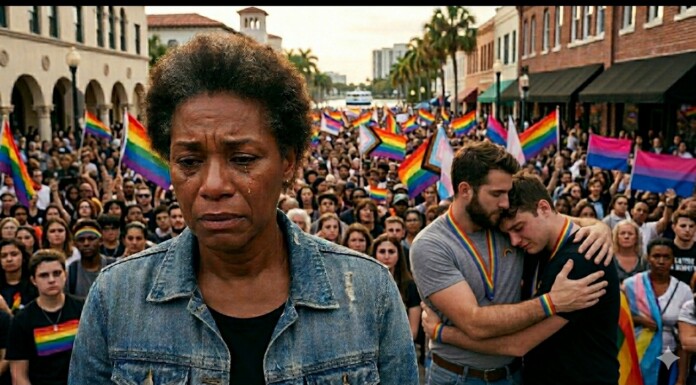 Florida Passes Bill Banning Public Funding for Pride, Expanding Statewide Crackdown on DEI A tearful Black woman in a denim jacket stands in front of a Pride parade crowd with rainbow flags behind her.