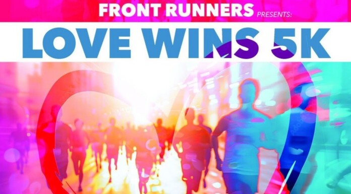Colorful race banner reading 'LOVE WINS 5K' with silhouettes of runners inside bright rings.