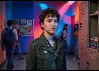 Supreme Court Stands By Trans Students, Won’t Hear Florida School Dispute Young student with short curly hair wearing a green jacket stands in a colorful school hallway with lockers on both sides.