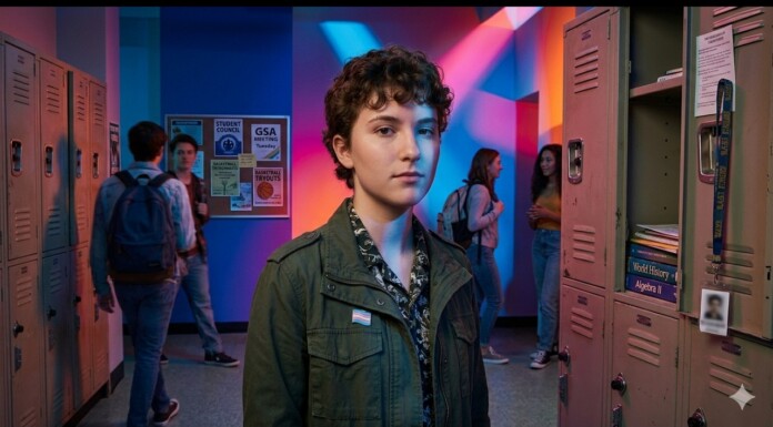 Young student with short curly hair wearing a green jacket stands in a colorful school hallway with lockers on both sides.