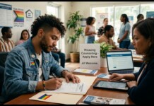 A man in a denim jacket signs a form at a desk labeled Housing Counseling — Apply Here; a counselor shows a tablet nearby in a crowded office.