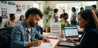 A man in a denim jacket signs a form at a desk labeled Housing Counseling — Apply Here; a counselor shows a tablet nearby in a crowded office.